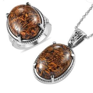 Silver Leaf Jasper Solitare‎ Ring & Pendant Necklace